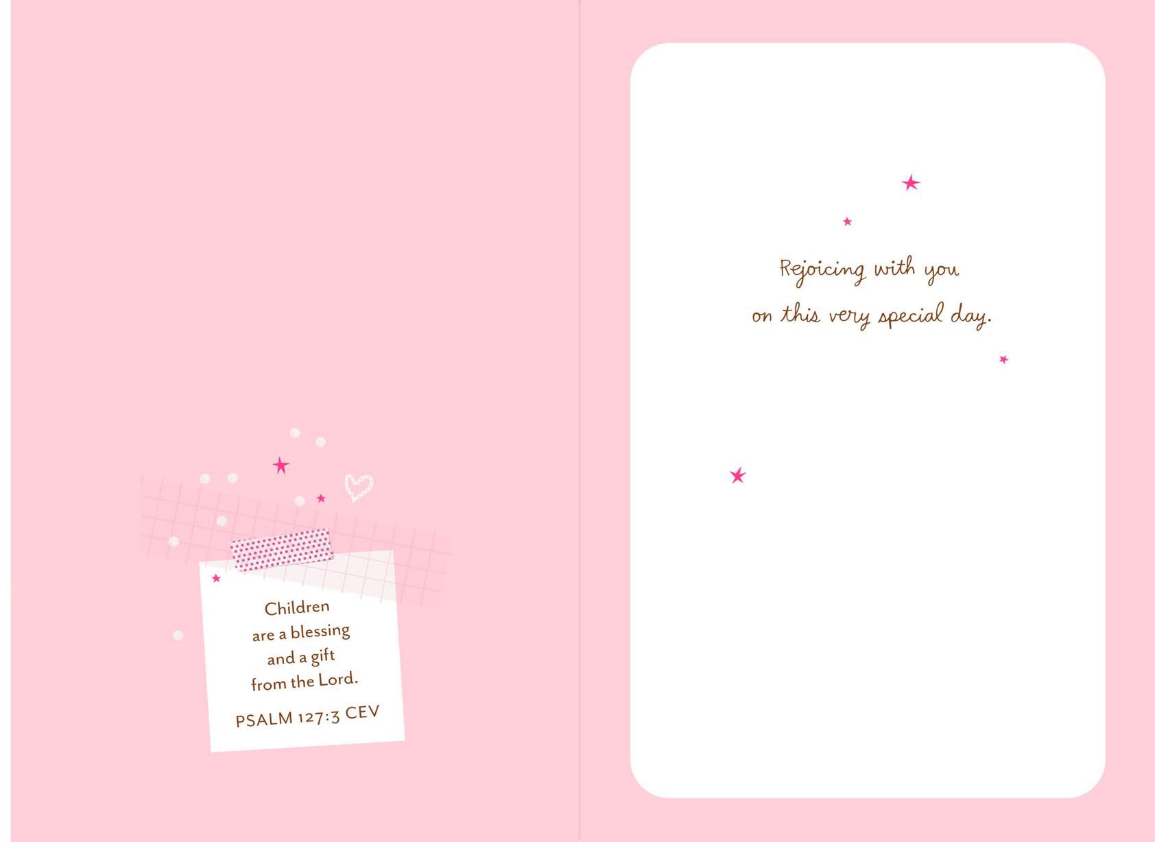 Moon With Hearts and Stars Baby Girl Christening Card
