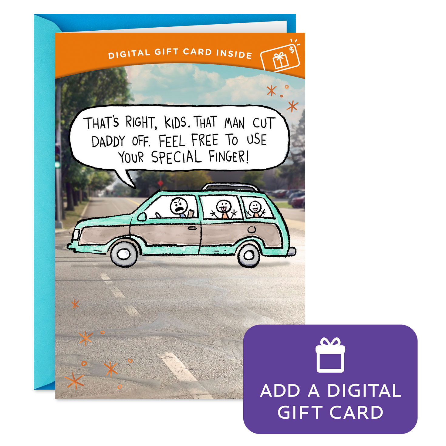 Family in Car Funny Father's Day Gift Card Greeting Card Front with gift card image number 1