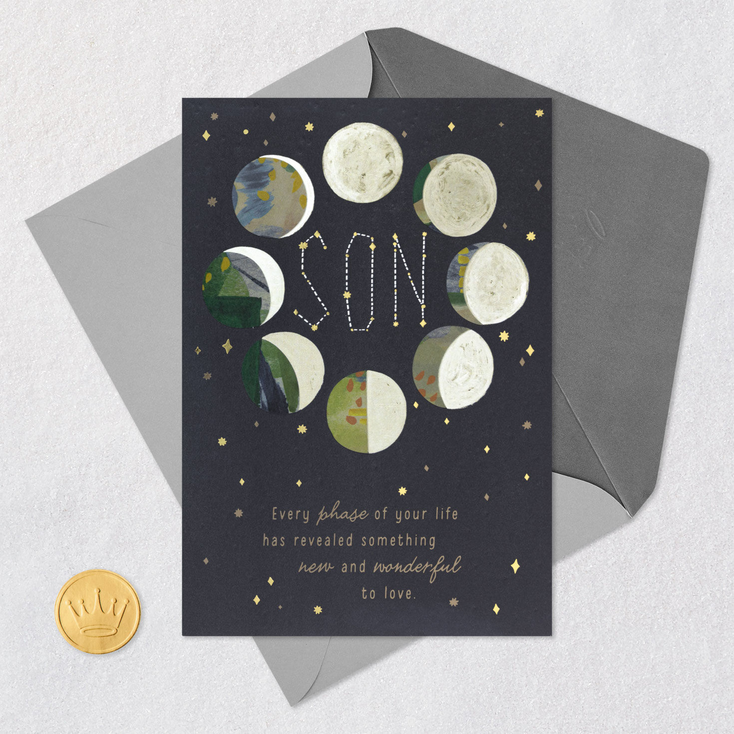 Moon Phases on Dark Sky Birthday Card for Son Card Front with Envelope and Gold Seal image number 6