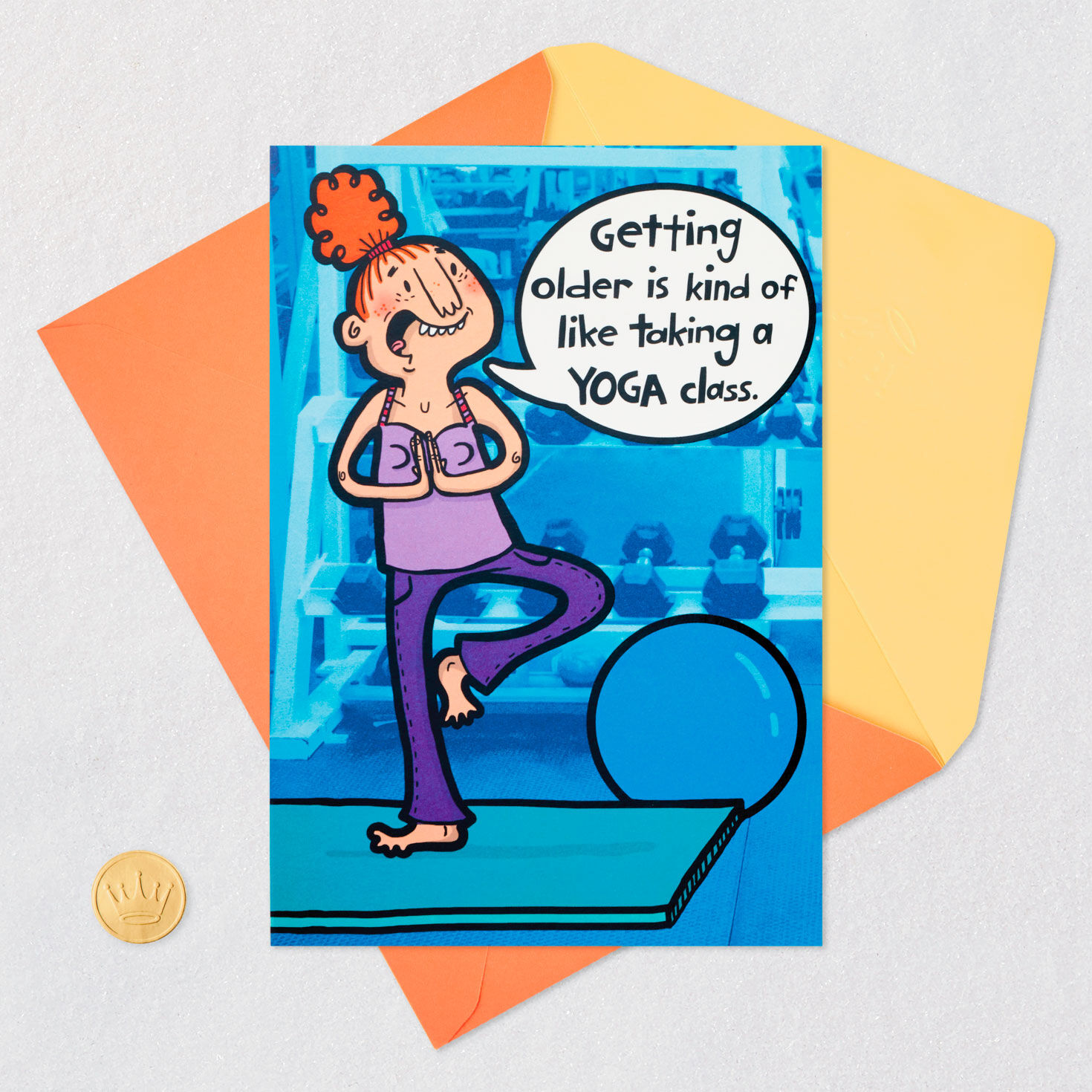 Yoga Pose Cartoon Birthday Card for Getting Older Card Front with Envelope and Gold Seal image number 5
