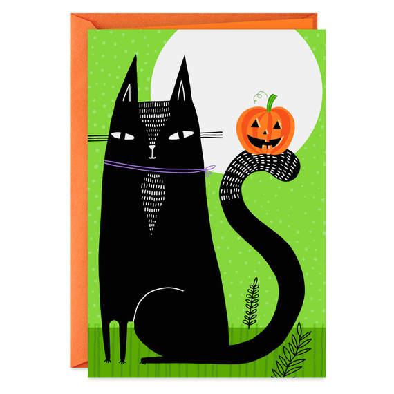 Happy Meow-loween Black Cat and Pumpkin Halloween Card, , large image number 1