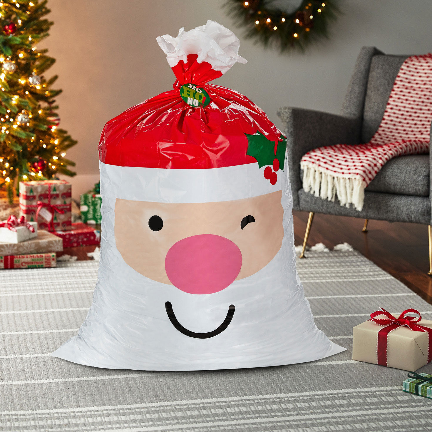 56 Smiling Santa Giant Plastic Christmas Gift Bag With Tag and Tie Gift Bags Hallmark