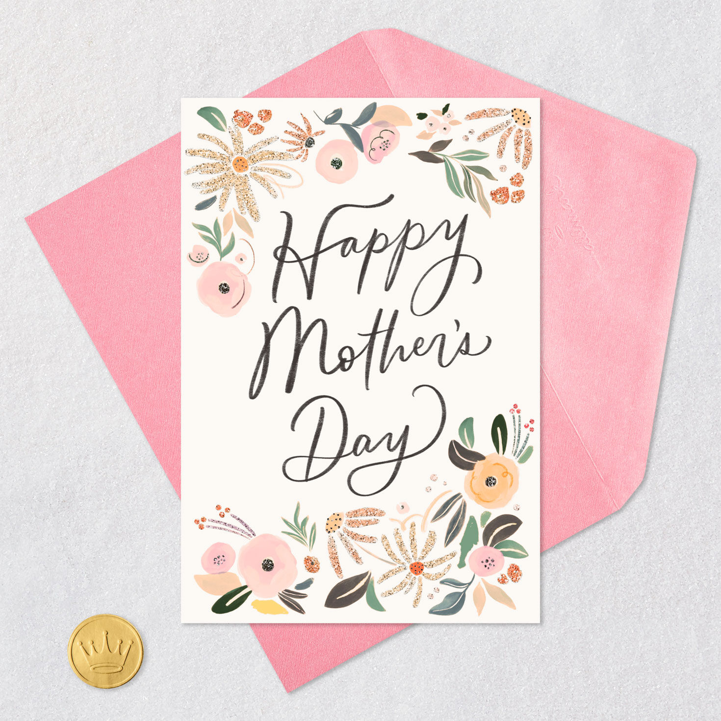 Sparkly Flowers on White Happy Mother's Day Card Card Front with Envelope and Gold Seal image number 6