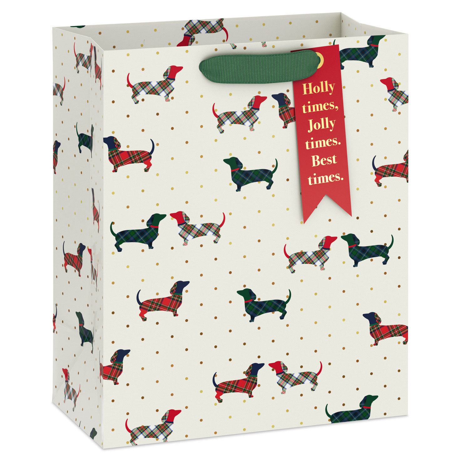 9.6" Plaid Dachshunds on Ivory Medium Christmas Gift Bag