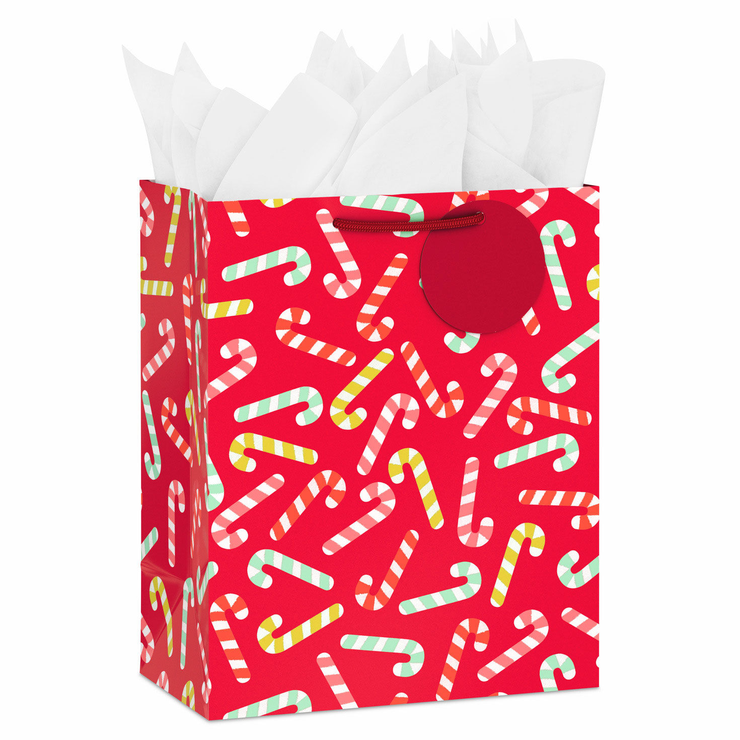 9.6" Candy Canes on Red Medium Christmas Gift Bag With Tissue Paper