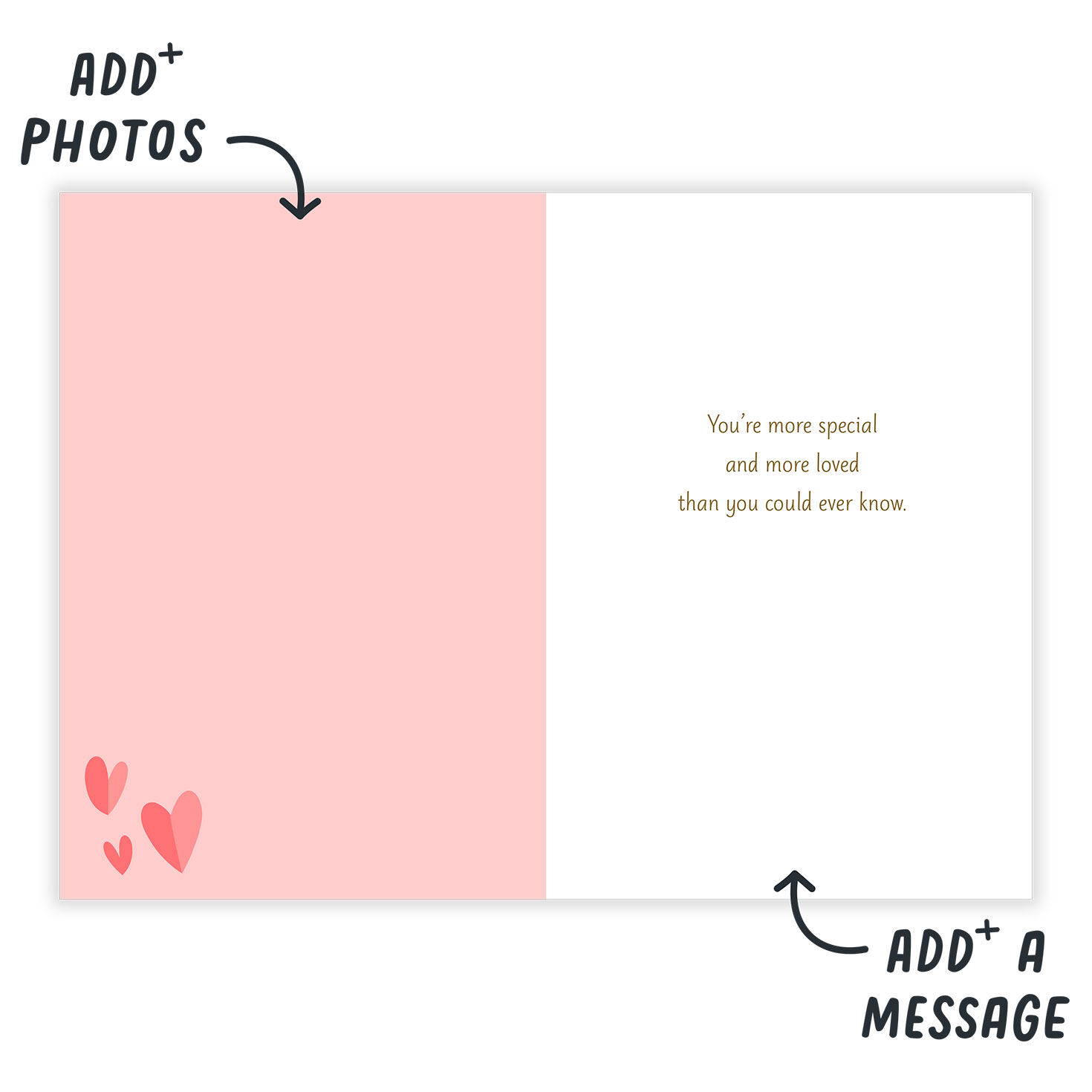 Pink and Gold Hearts Personalized Mother's Day Card Open Card indicating personalization image number 3