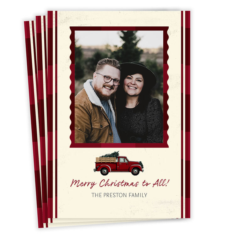 Red Truck and Plaid Flat Christmas Photo Card