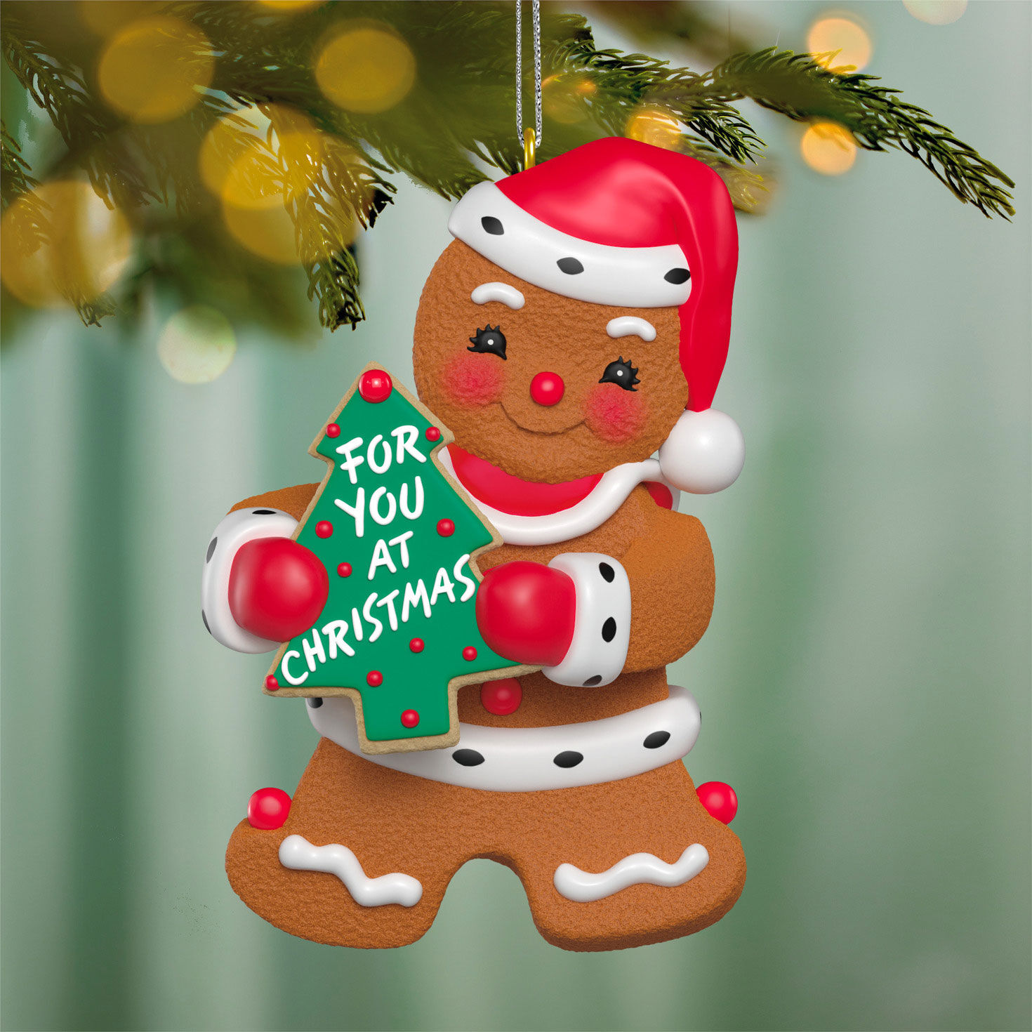 Gingerbread Boy With Tree Cookie Keepsake Ornament Hanging on tree image number 2