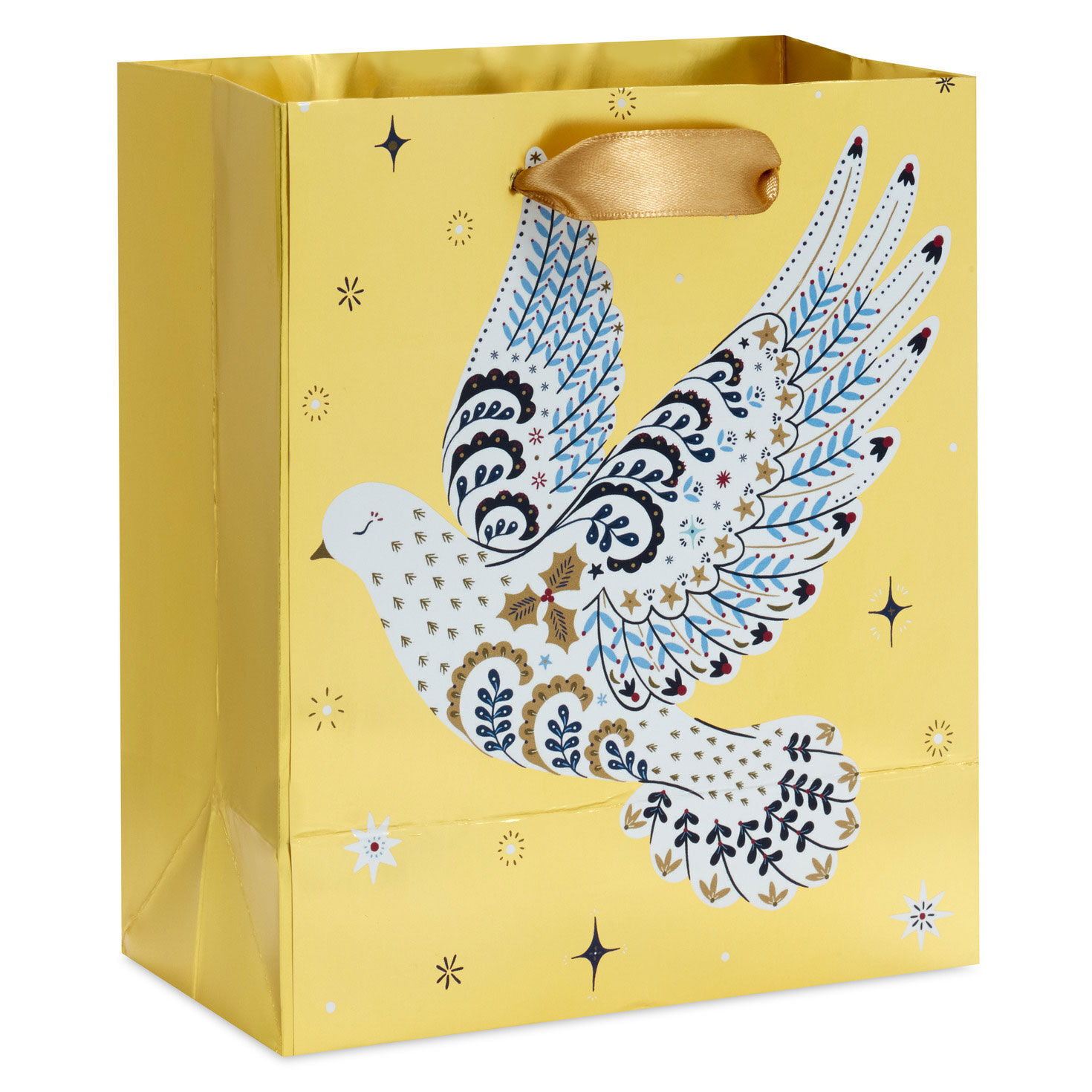 Floral Dove on Gold Small Holiday Gift Bag Back image number 6