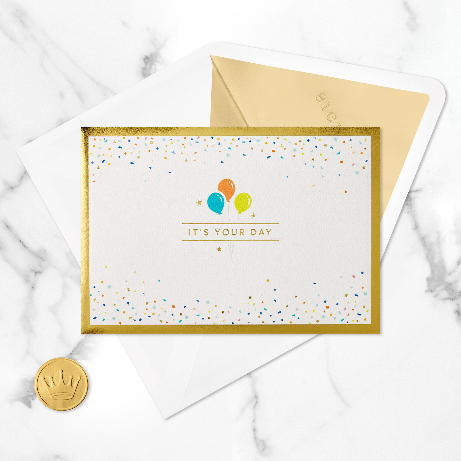 Gold Yay You Balloons Pop-Up Congratulations Card Open card with envelope image number 4