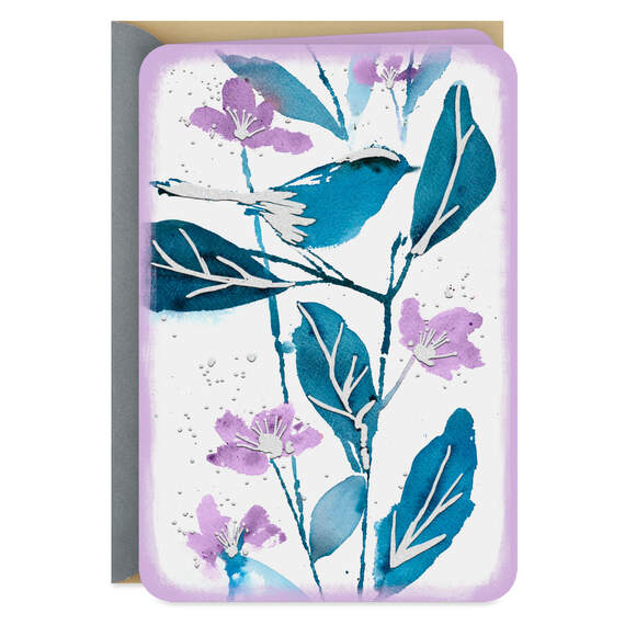 Blue Bird and Purple Flowers Blank Card, , large image number 1
