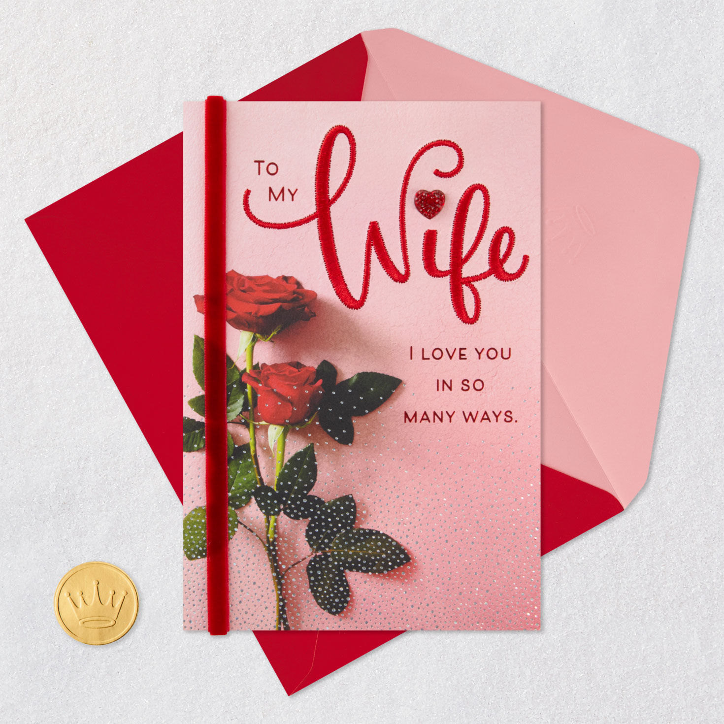 Red Roses on Pink Wife Valentine's Day Card Card Front with Envelope and Gold Seal image number 6