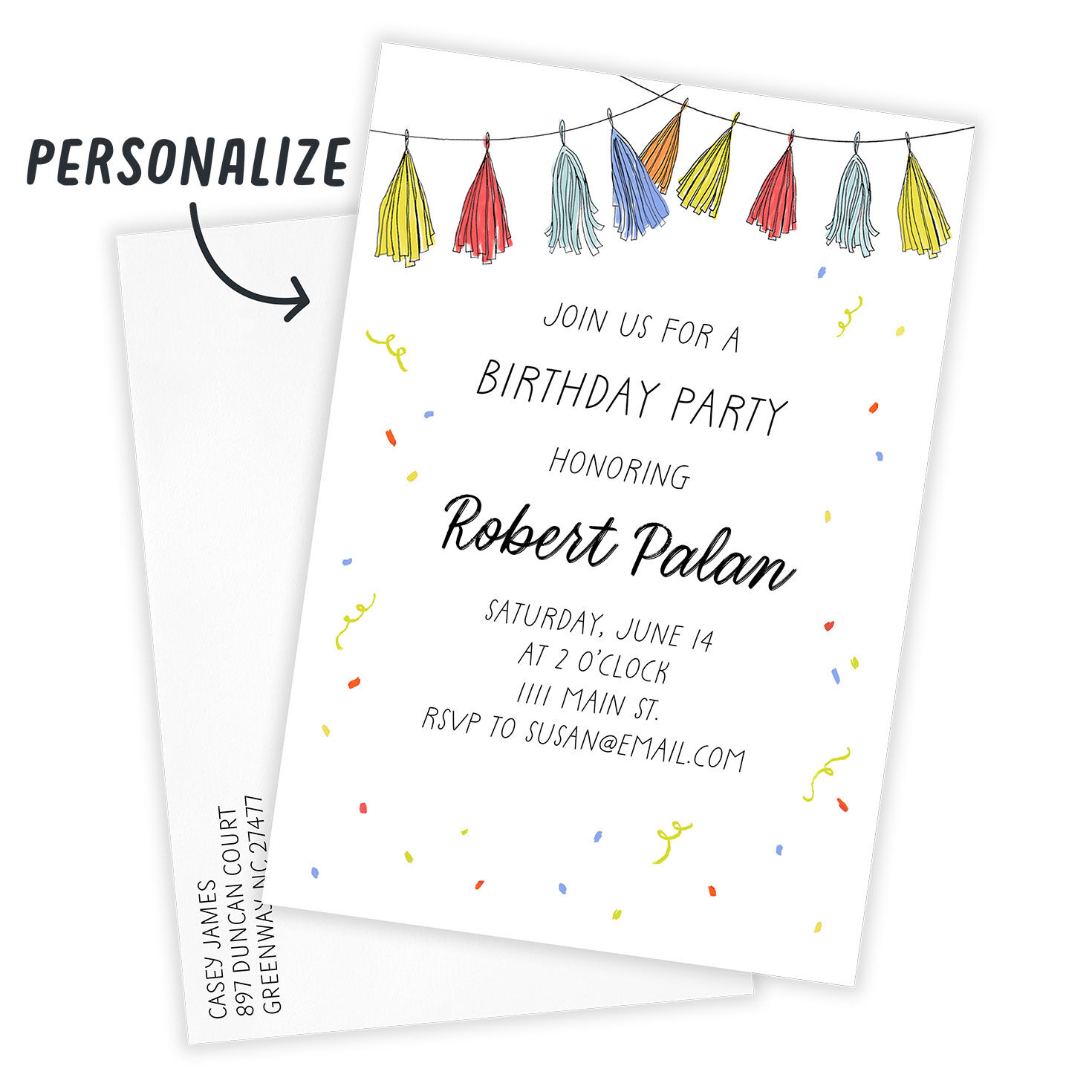 Colored Tassels Garland Personalized Party Invite Card Front indicating personalization image number 2