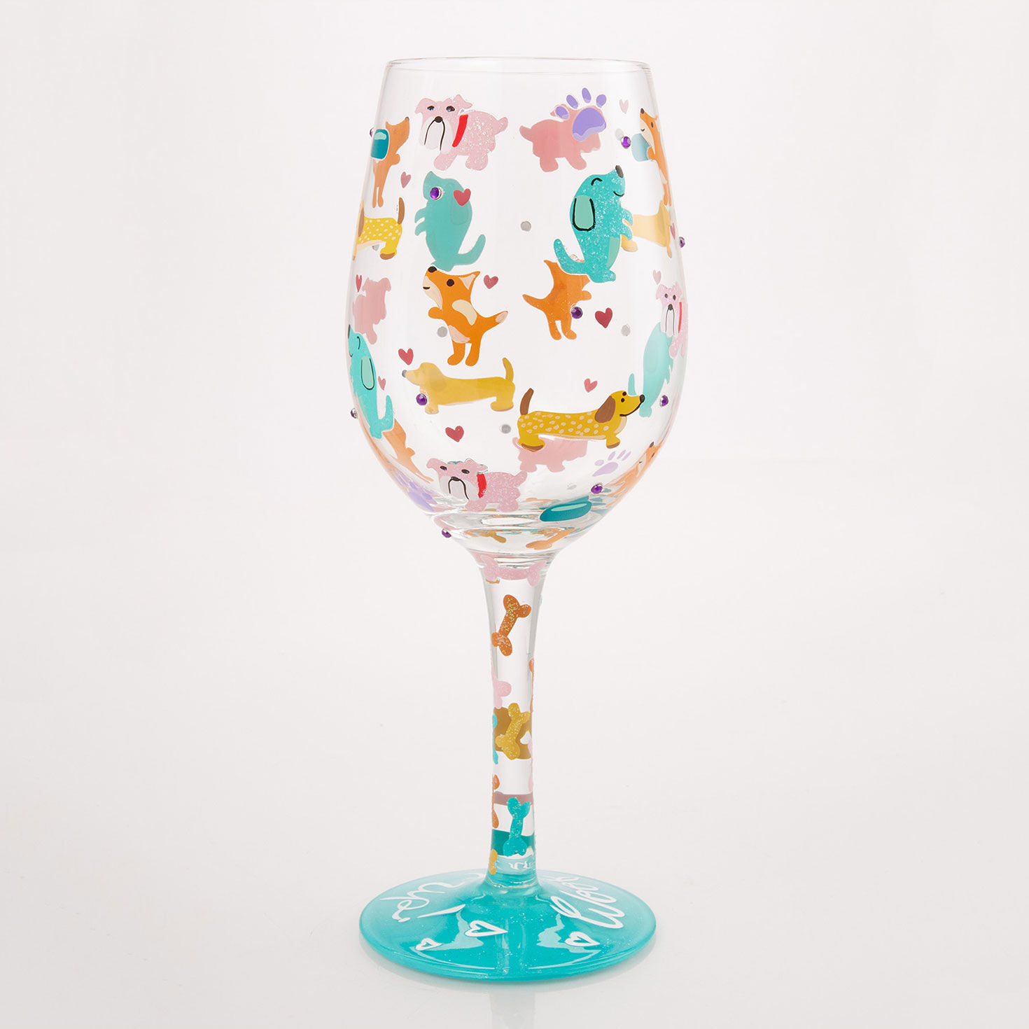 Colorful Dogs and Hearts Wine Glass back image number 2