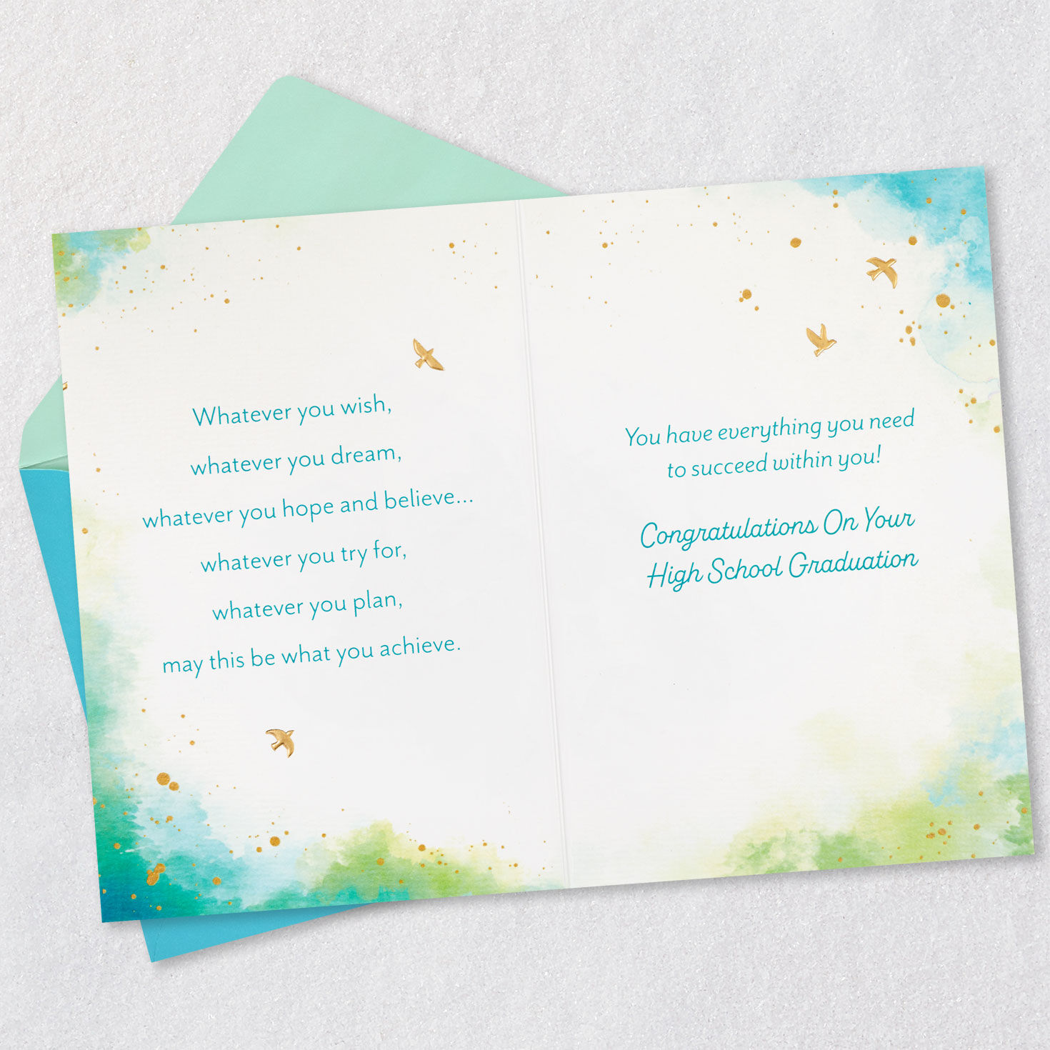 Blue & Green Watercolor High School Graduation Card open card with envelope image number 4