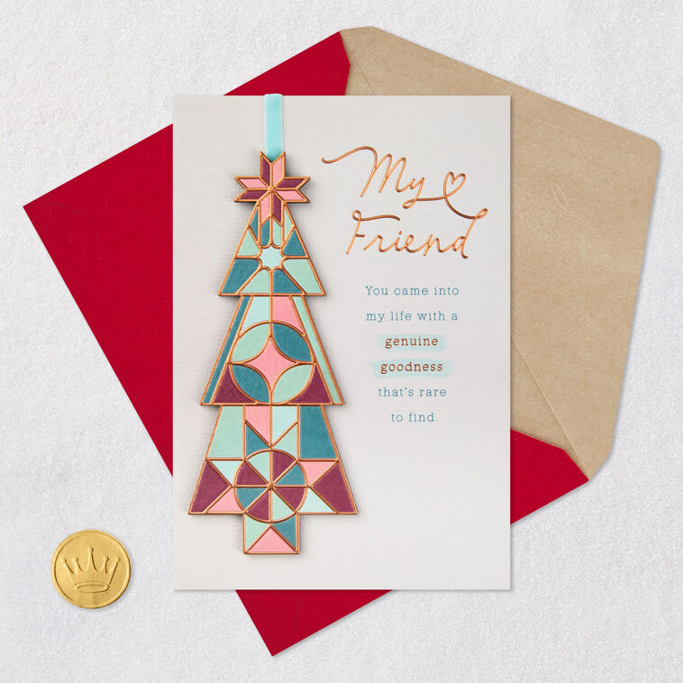 Geometric Green and Red Tree Friend Christmas Card Card Front with Envelope and Gold Seal image number 6