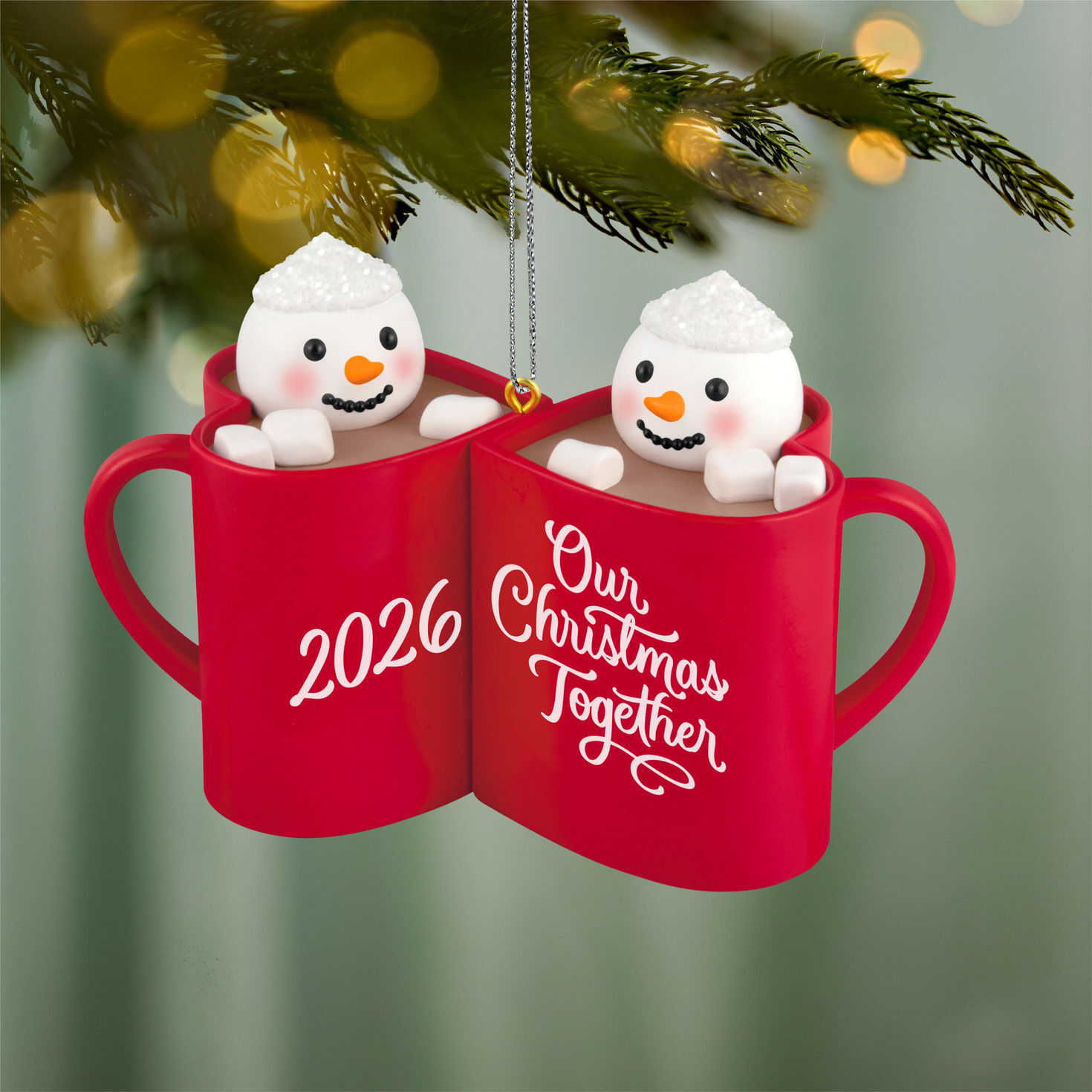 Our Christmas Together Red Mugs Keepsake Ornament hanging on tree image number 2