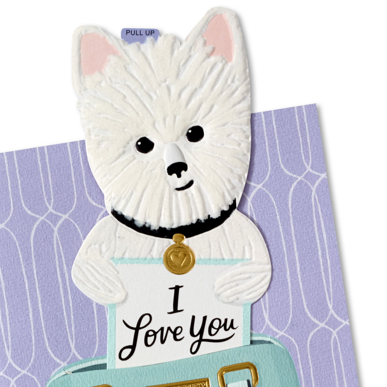White Dog in Teal and Gold Purse Mother's Day Card Card Front Detail image number 5