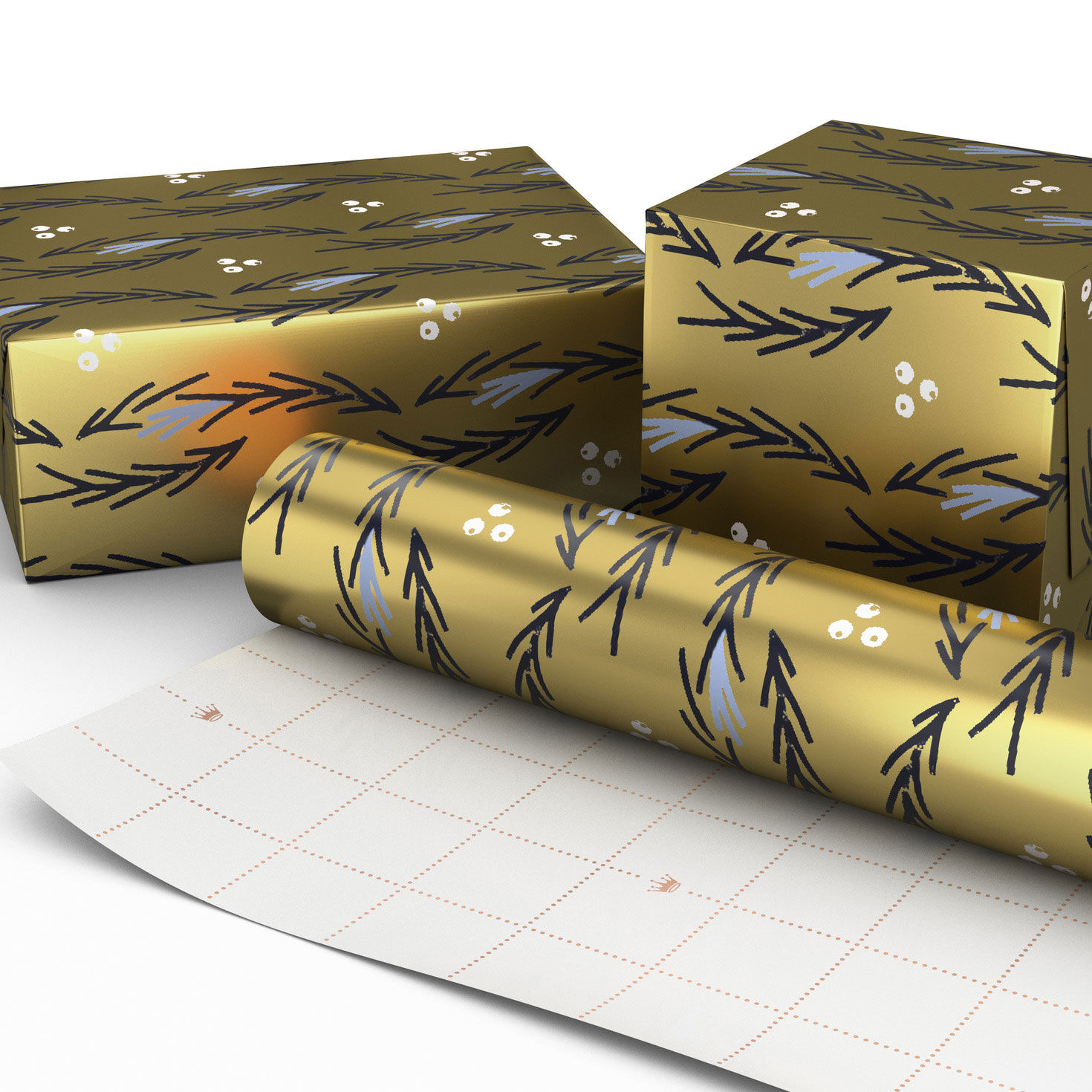 Illustrated Garlands on Gold Metallic Christmas Wrapping Paper Roll, 22.5 sq. ft., , large image number 2