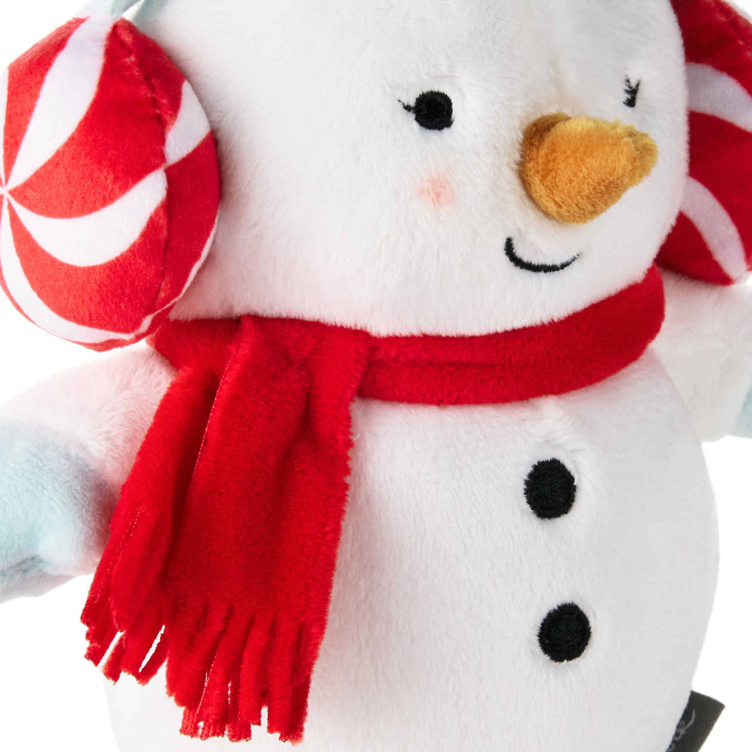 Snowman in Scarf, Mittens, Peppermint Earmuffs Plush upclose view image number 5