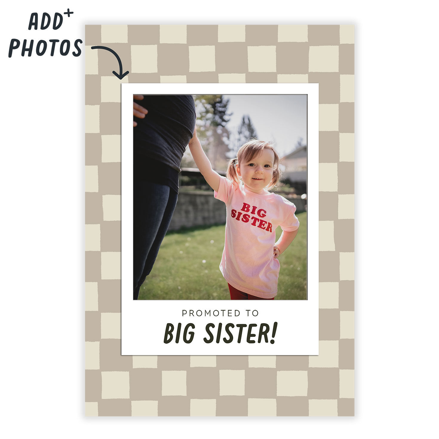 Brown Checkerboard Frame Personalized Baby Card Card Front indicating personalization image number 2