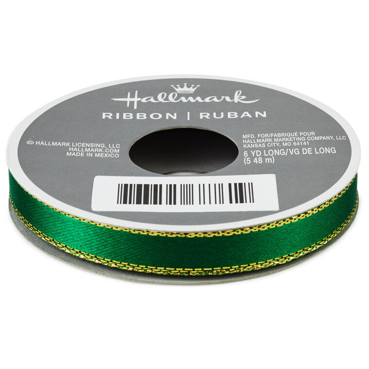 Forest Green 0.3" Satin Ribbon With Gold Edges, 18'