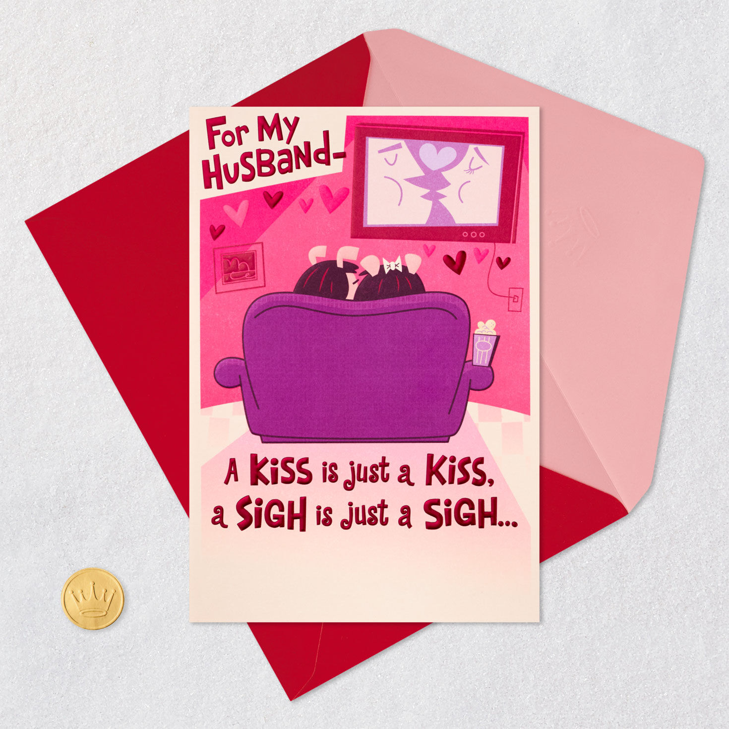 Couple Asleep on Couch Pop-Up Valentine's Day Card Card Front with Envelope and Gold Seal image number 6
