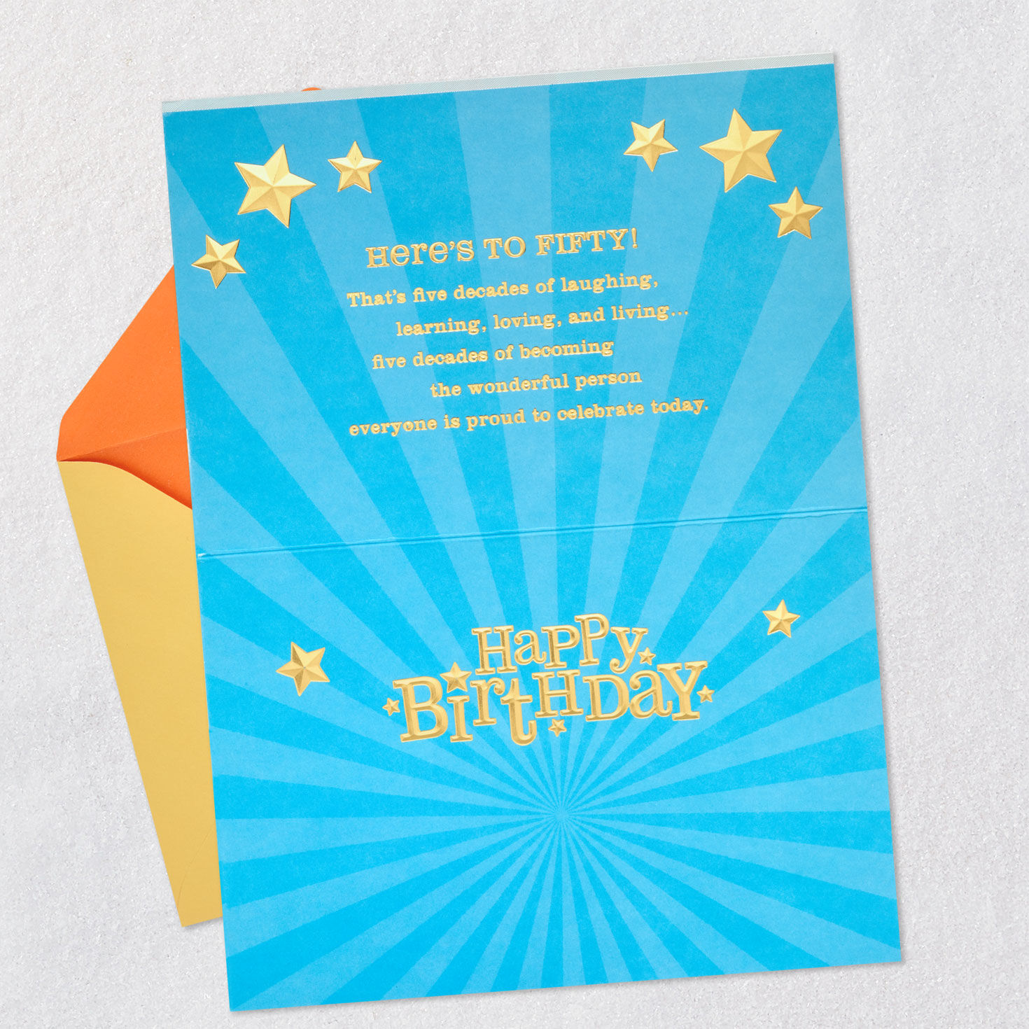 Stars and Sunburst Rays Shiny 50th Birthday Card Open card with envelope image number 3