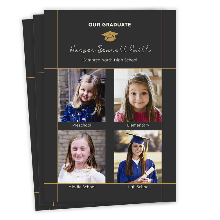 grad photo cards Graduation Card A2 (4.25 x 5.5) digital print with gold foil Brown kraft envelope blank inside Our Graduate Photo Collage Flat