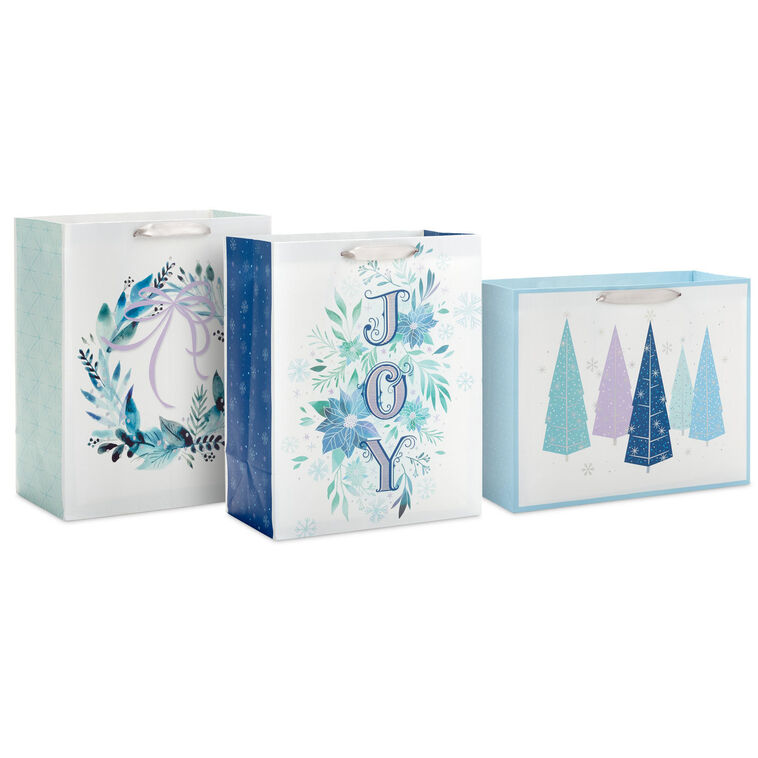 13" Winter Watercolors 3-Pack Assorted Large Holiday Gift Bag Bundle