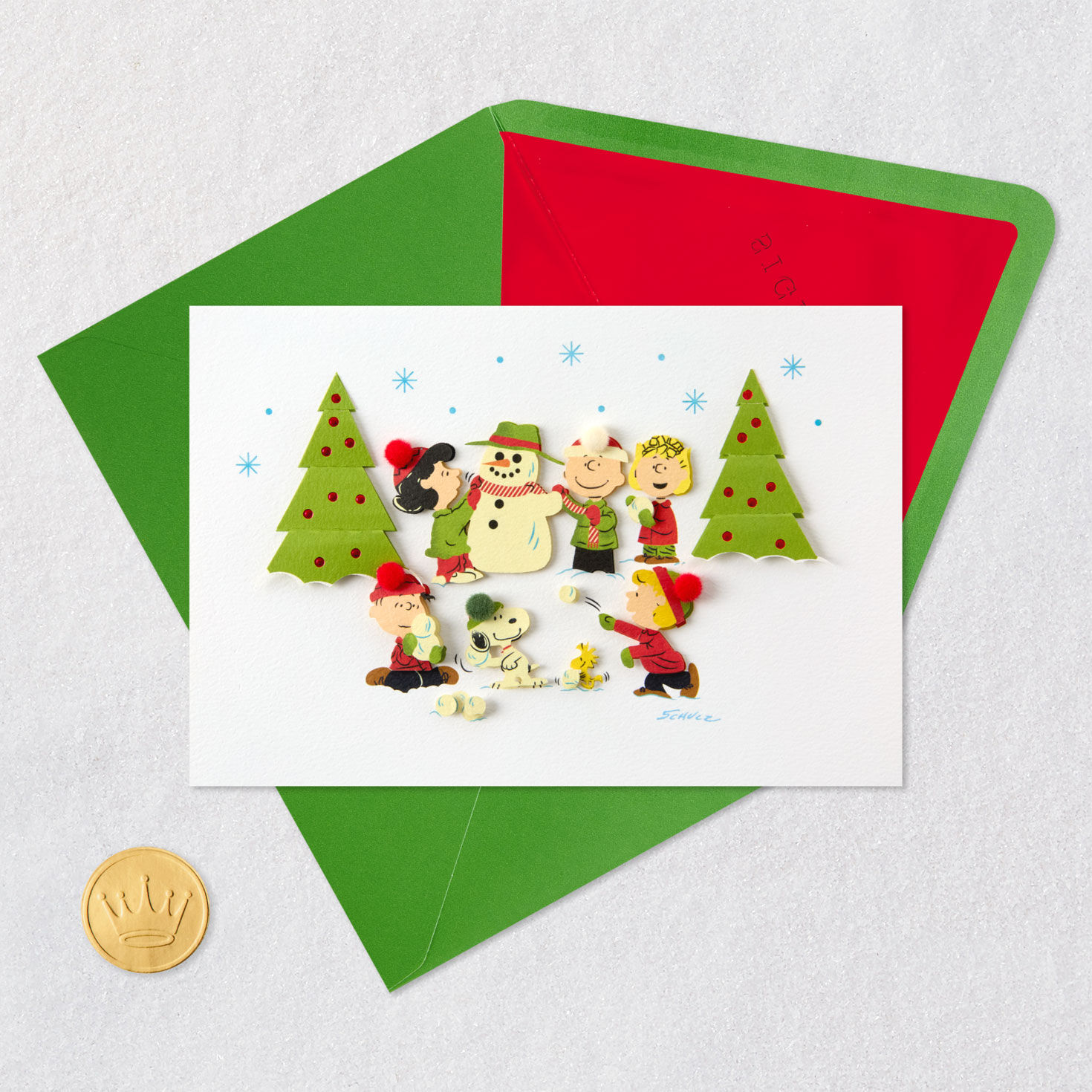 Peanuts Snowman and Snowball Fight Christmas Card Card Front with Envelope and Gold Seal image number 6