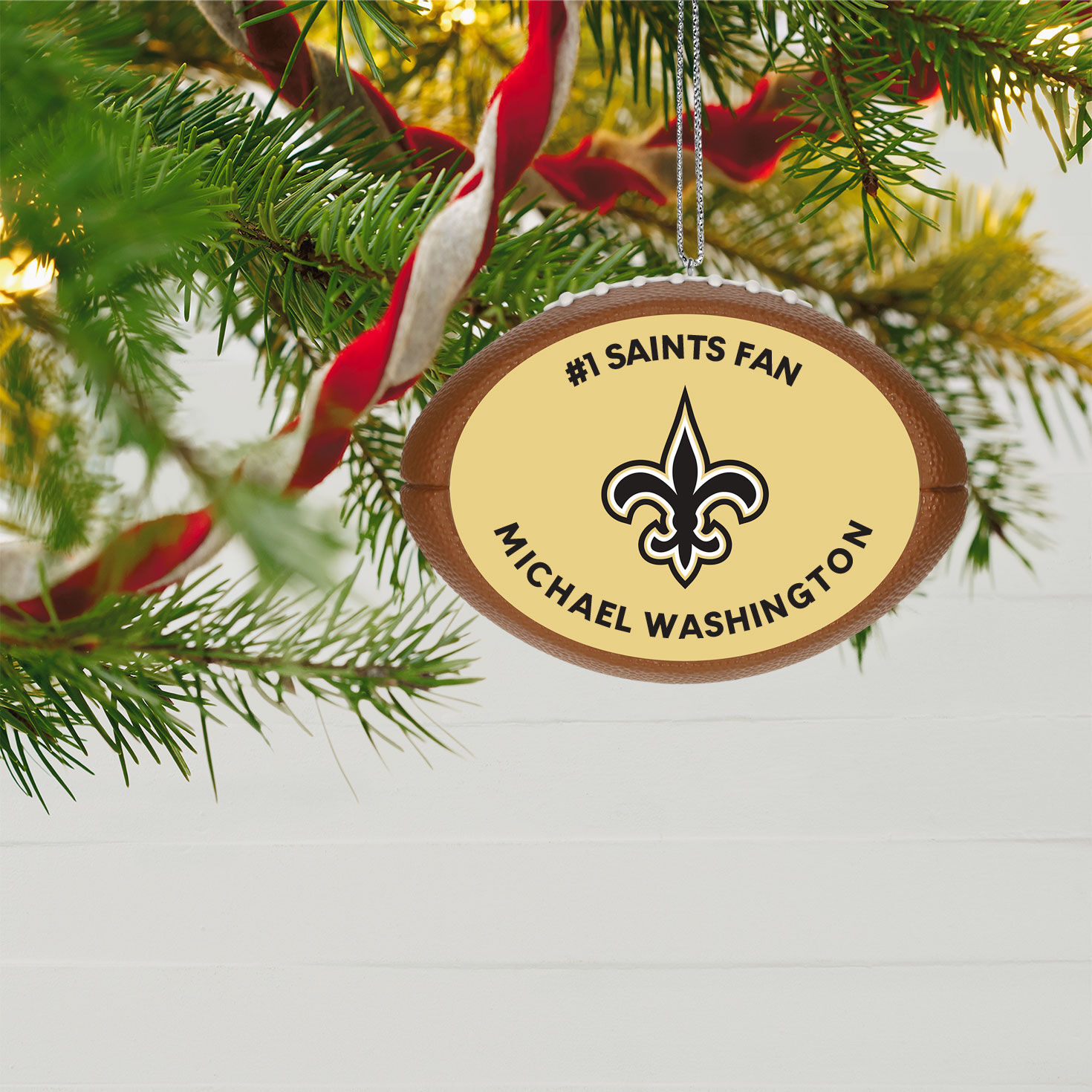 NFL Football New Orleans Saints Text Personalized Ornament hanging on tree image number 4