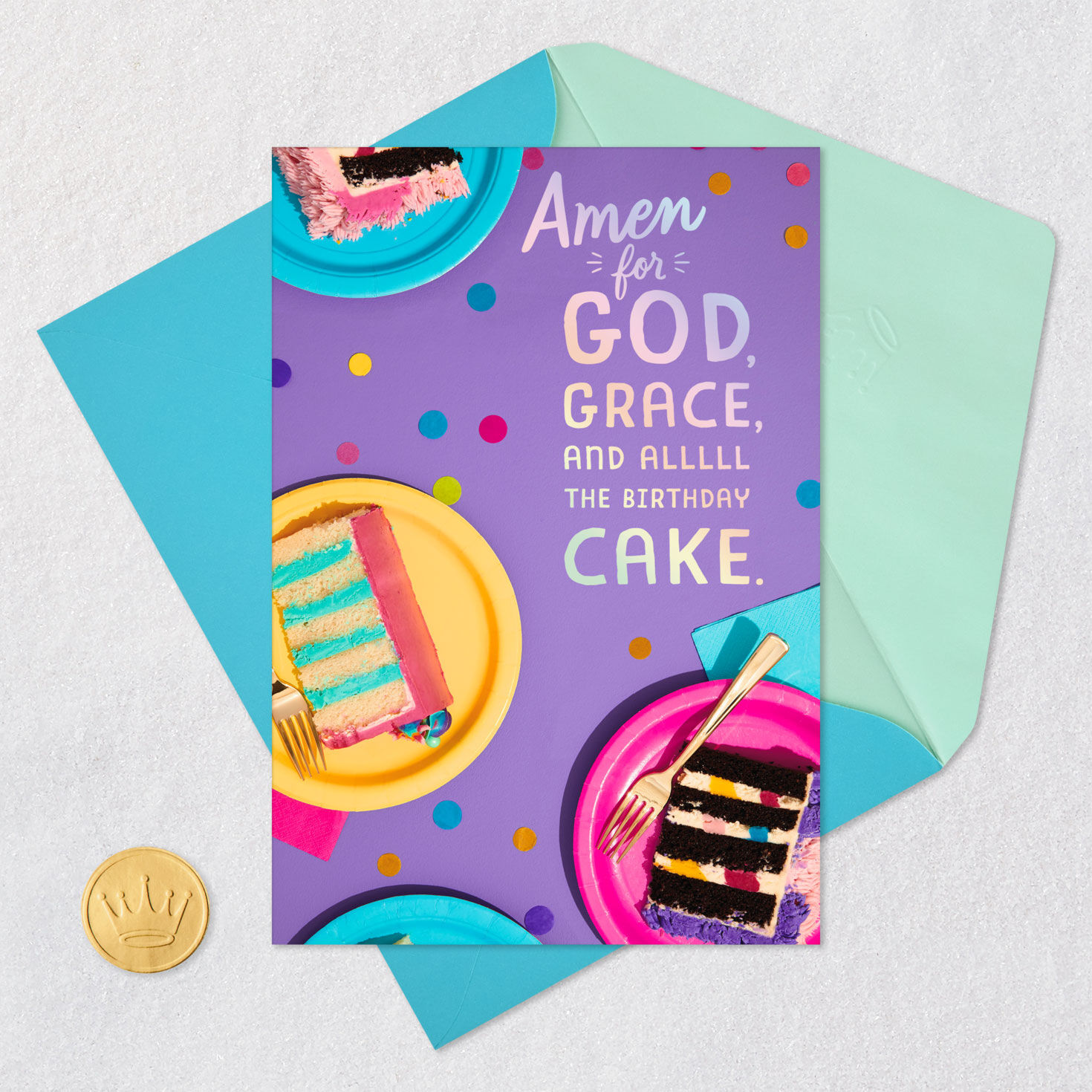 Birthday Cake on Plates Birthday Card Card Front with Envelope and Gold Seal image number 5