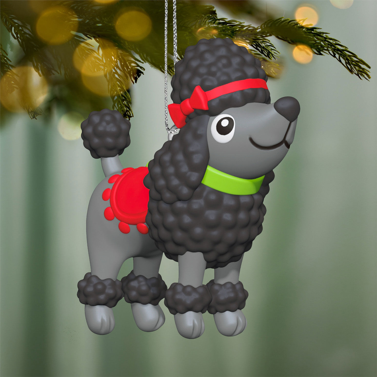 Gray Dog With Red Blanket Bow Keepsake Ornament hanging on tree image number 2