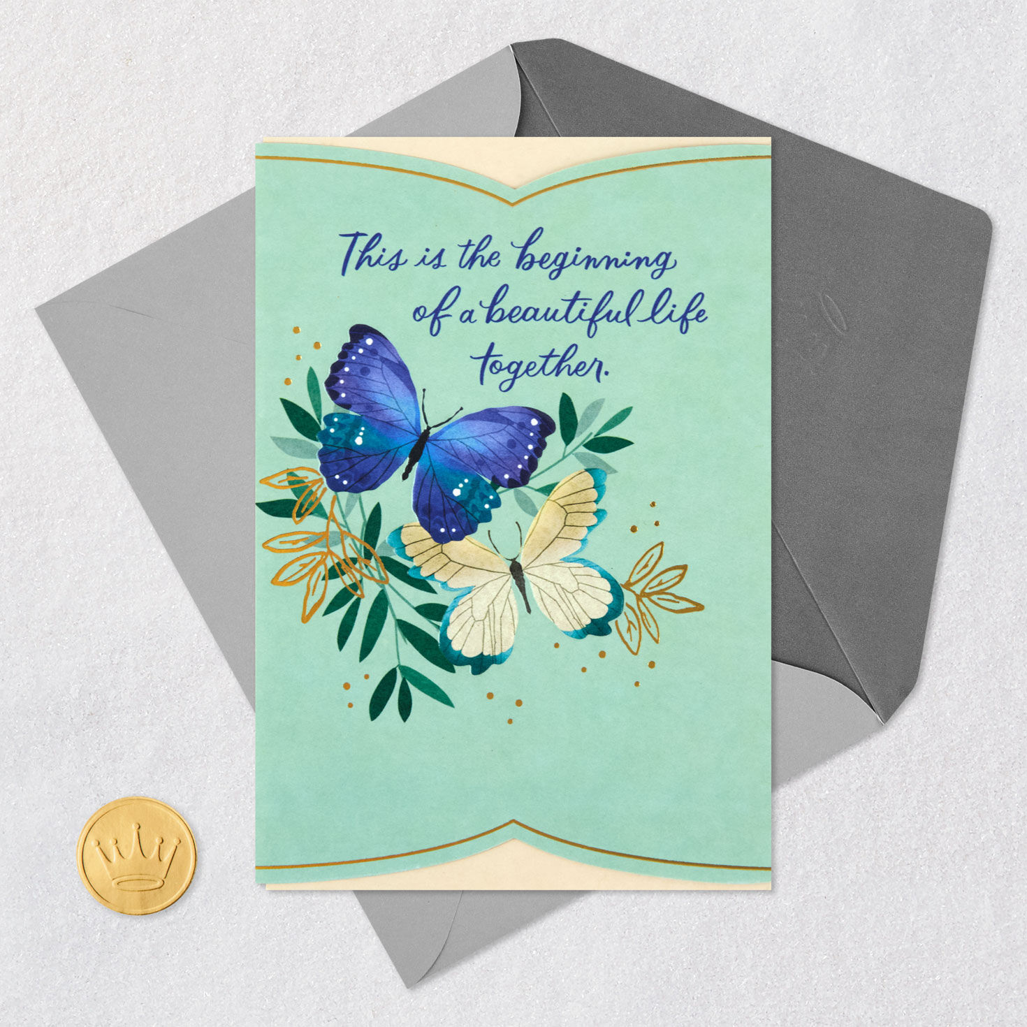 Butterflies and Leaves Wedding Congratulations Card Card Front with Envelope and Gold Seal image number 5