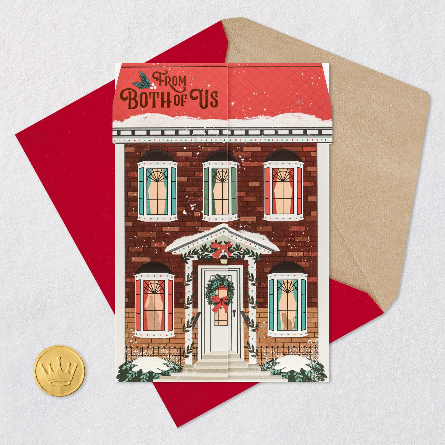 Holiday Home Christmas Card from Both of Us Card Front with Envelope and Gold Seal image number 5