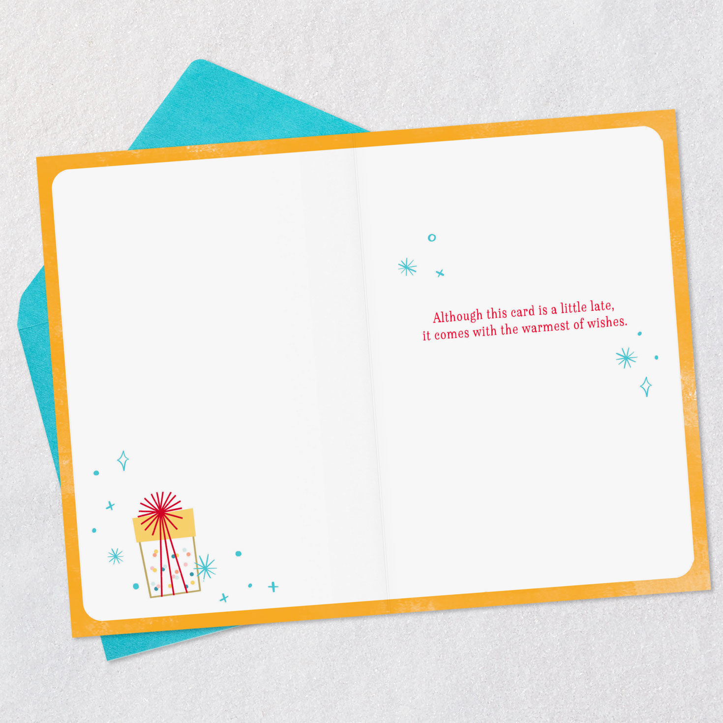 Cupcake, Gifts and Party Hat Belated Birthday Card Open card with envelope image number 3