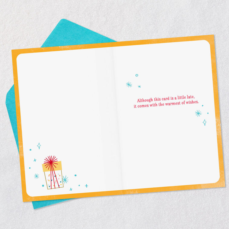 Cupcake, Gifts and Party Hat Belated Birthday Card Open card with envelope image number 3