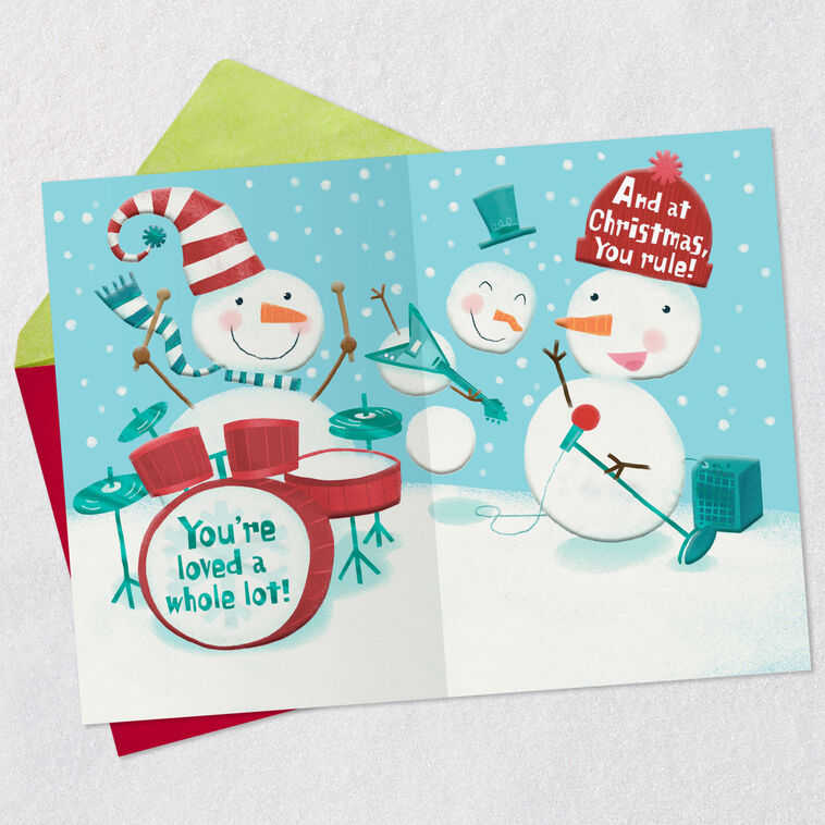 Snowman and Bass Guitar Grandson Christmas Card Open card with envelope image number 4