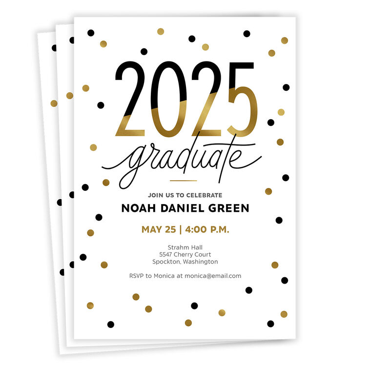 Black and Gold Polka Dots 2025 Graduation Invitation