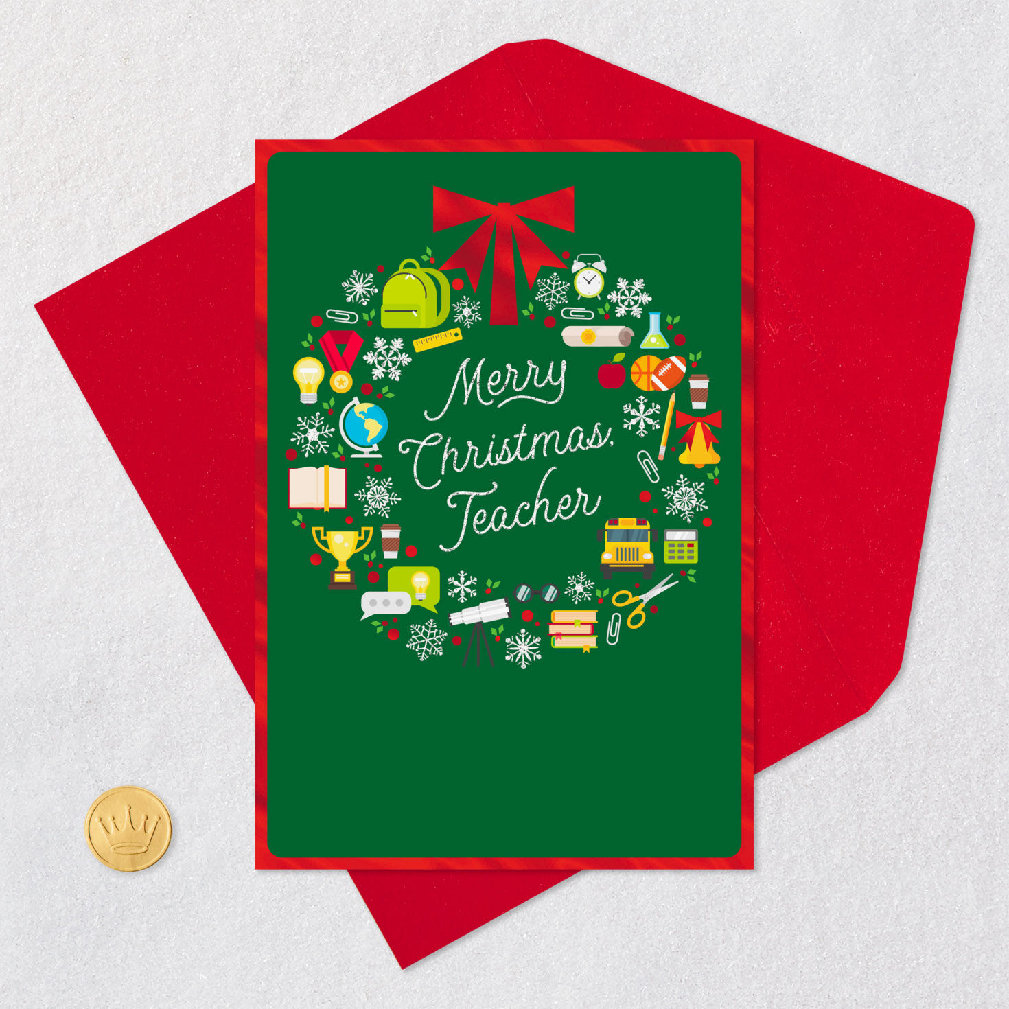 School Supply Wreath Christmas Card for Teacher Card Front with Envelope and Gold Seal image number 5