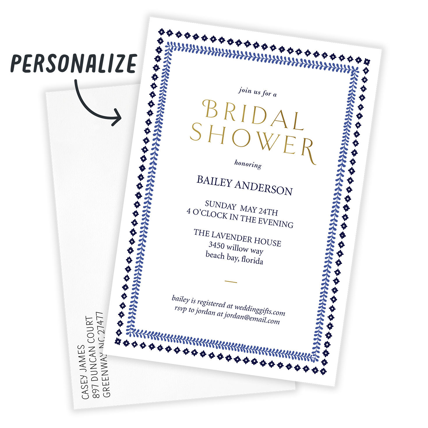Blue Pattern Borders Personalized Shower Invitation Card front with Envelope indicating personalization image number 2