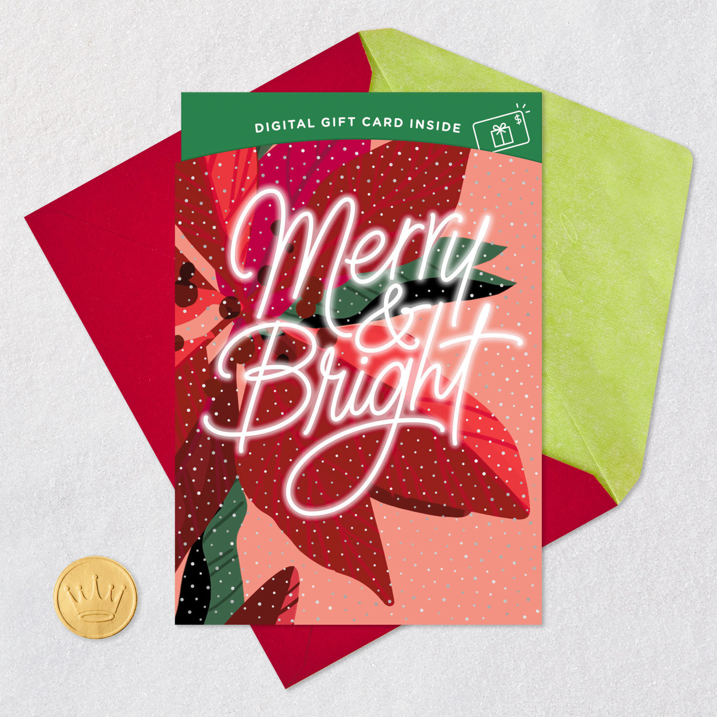 Neon Poinsettia Christmas Gift Card Greeting Card with envelope and Seal image number 8