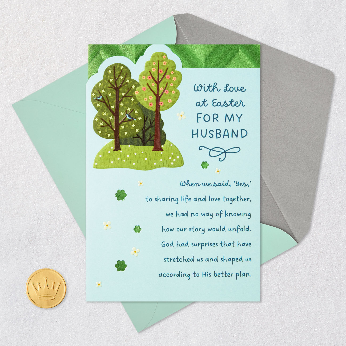 Trees on Blue Religious Easter Card for Husband Card Front with Envelope and Gold Seal image number 7