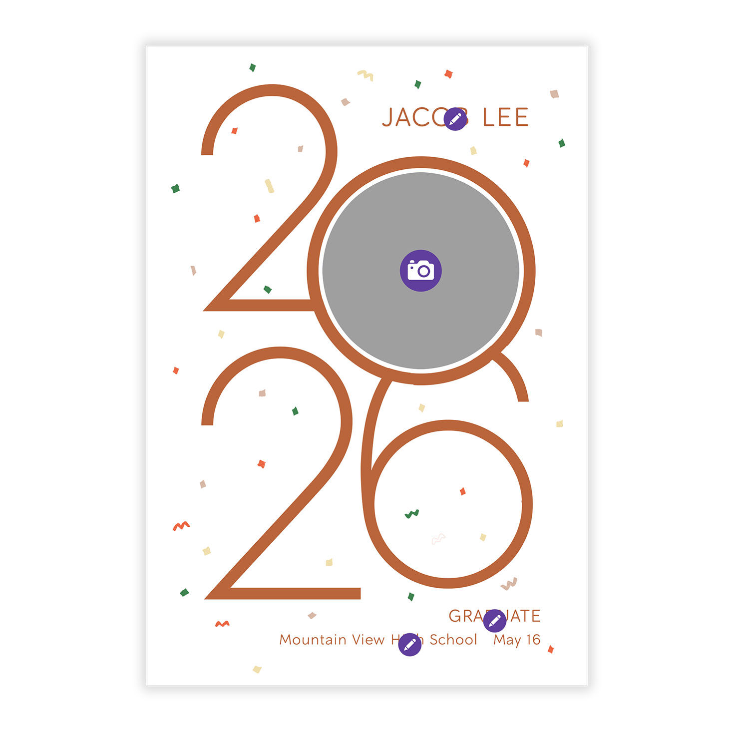 Orange 2026 Confetti Personalized Grad Announcement Card Front indicating personalization image number 5