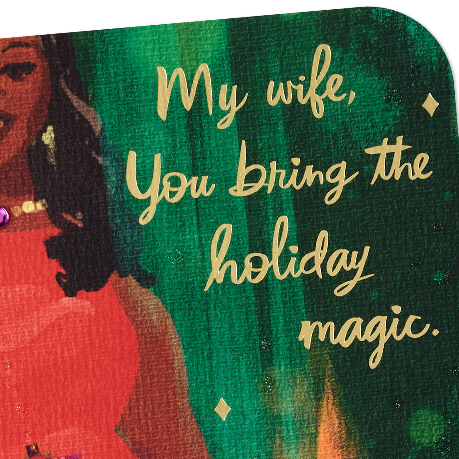 Elegant Black Woman Holding Ornaments Christmas Card for Wife Card Front Detail image number 5