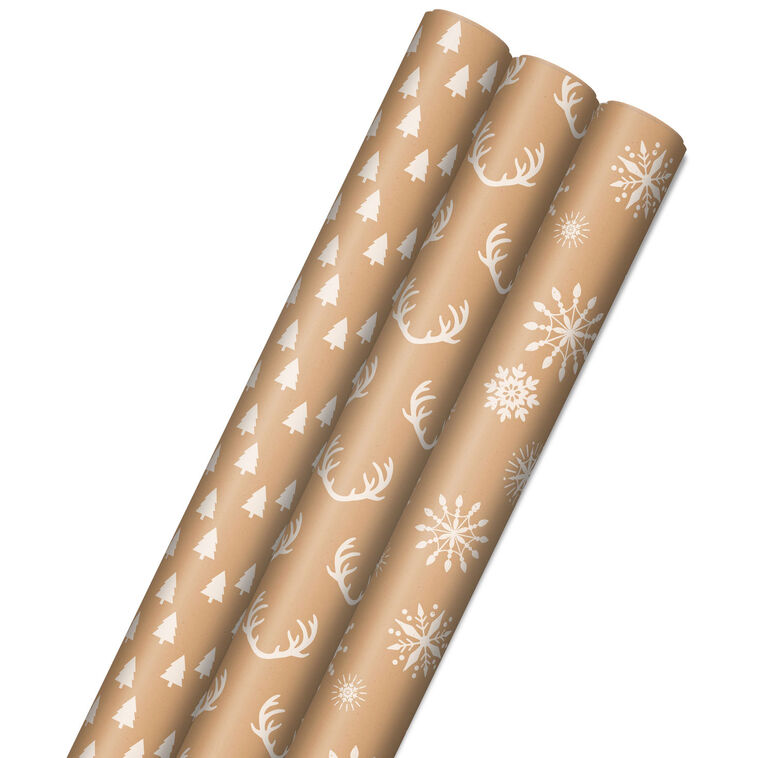 Winter Holiday Prints 3-Pack Kraft Wrapping Paper Assortment, 90 sq. ft.