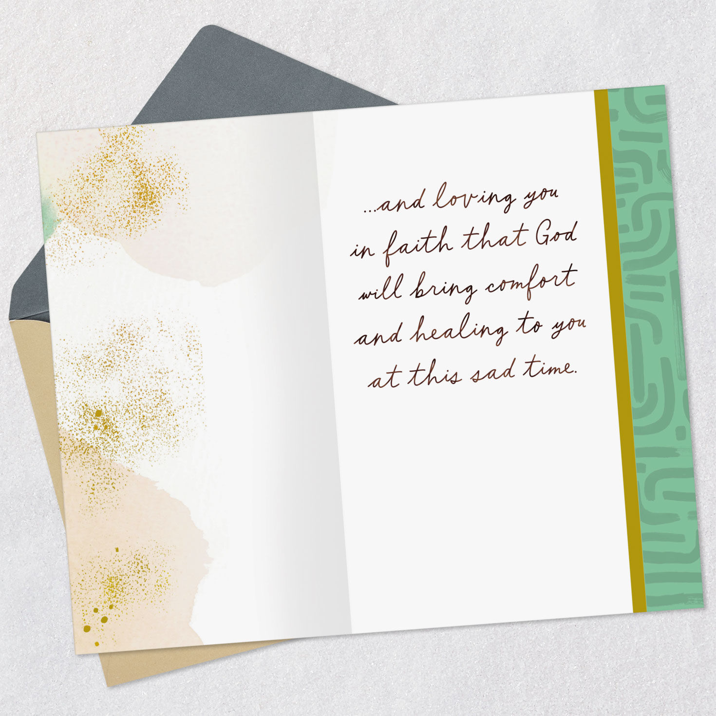 Green and Gold Watercolor Religious Sympathy Card Open card with envelope image number 3