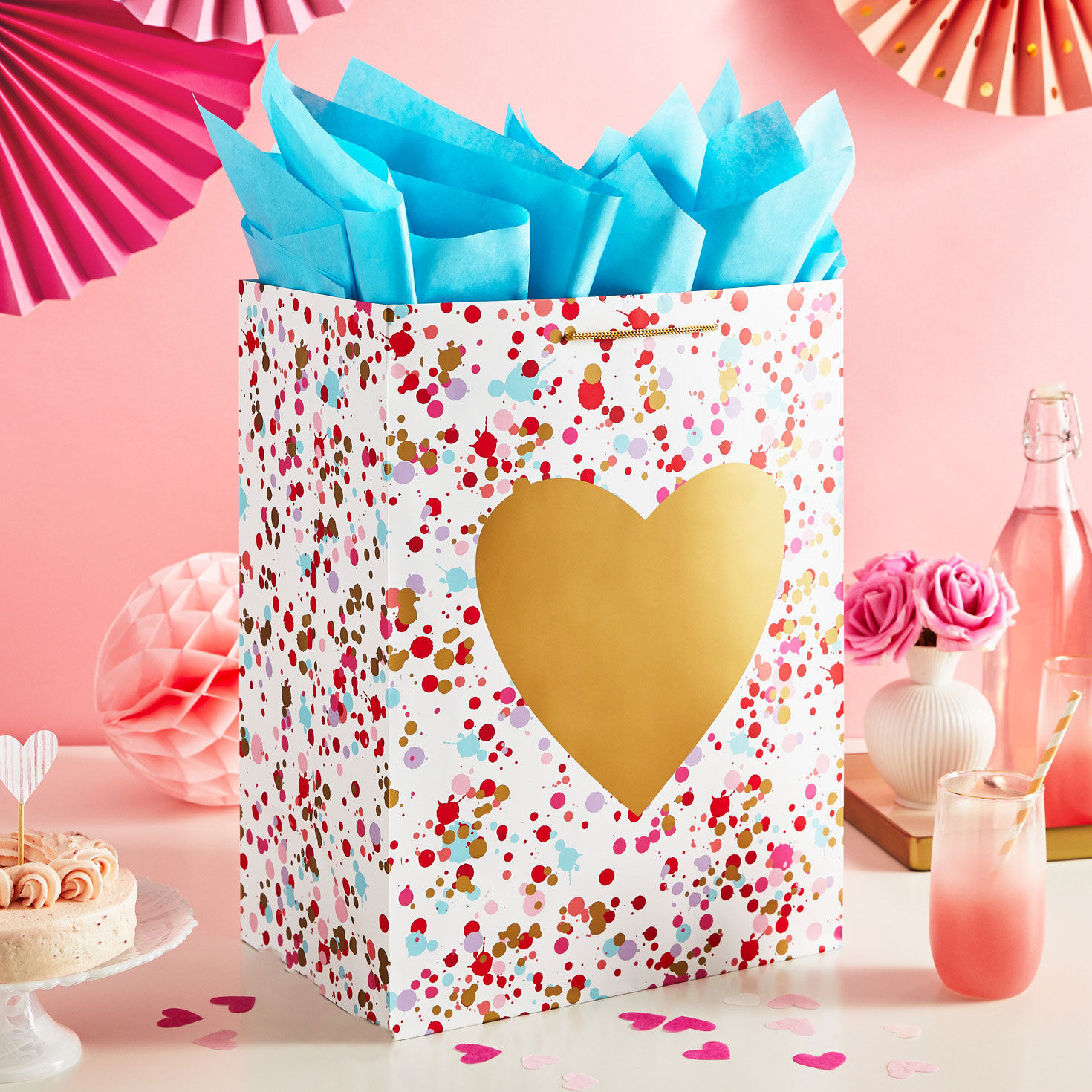 17" Gold Heart on Confetti Extra-Large Gift Bag With Tissue Paper, , large image number 2