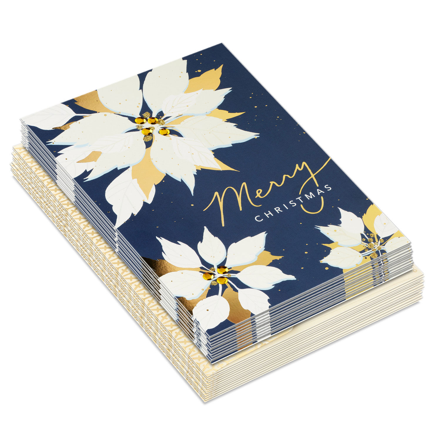 Poinsettia Blooms on Blue Boxed Christmas Cards front stacked image number 2